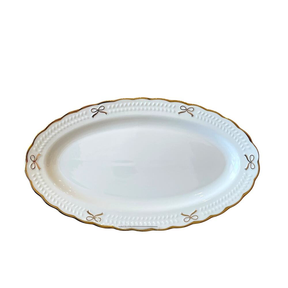 BELLA LUX Gold Bow Coquette Oval Serving Platter 14x8 White Ceramic NEW